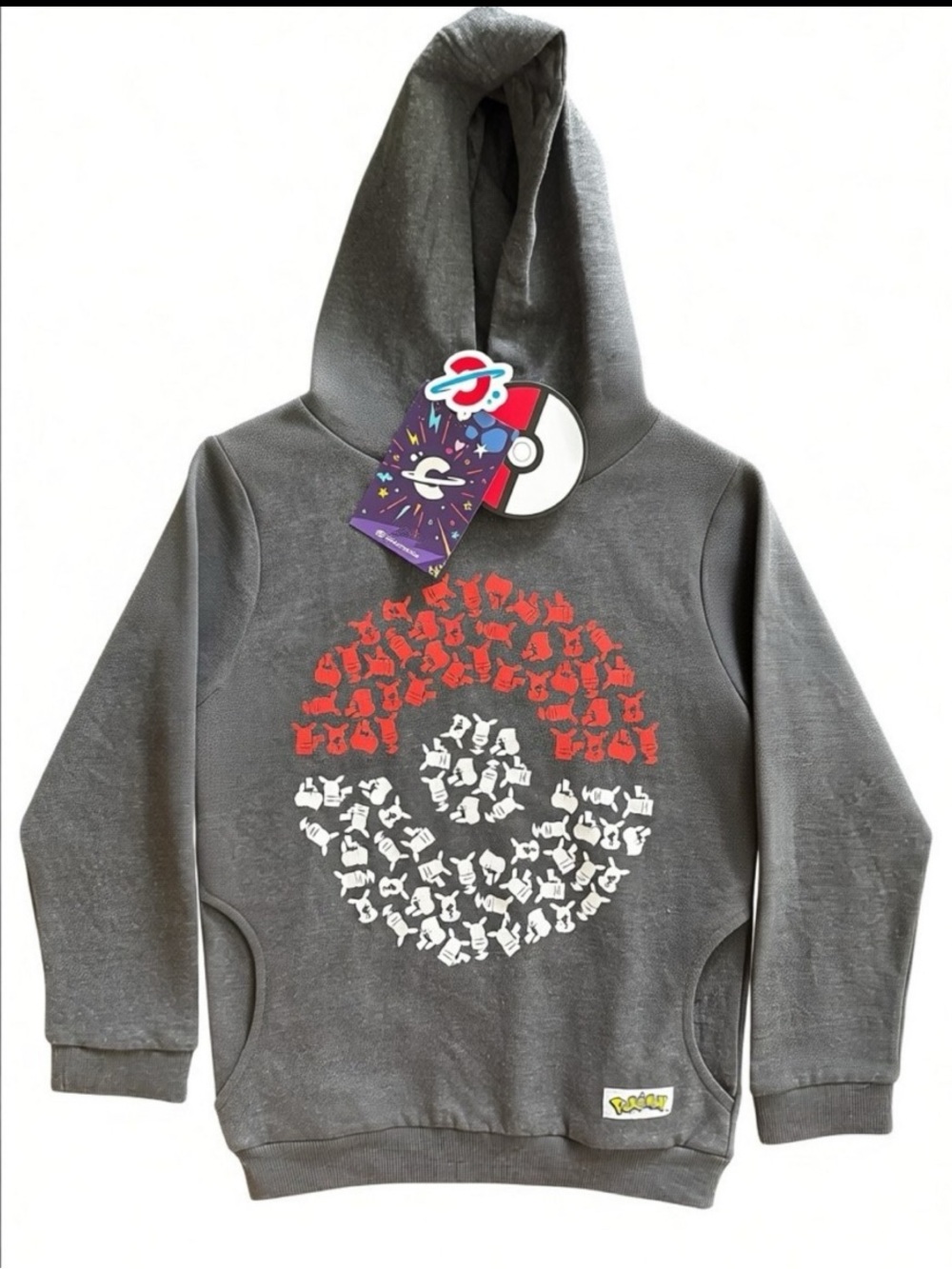 Poke Ball Sz 8 Gray Pullover Hoodie with Pockets Red & White Graphic | NWT
